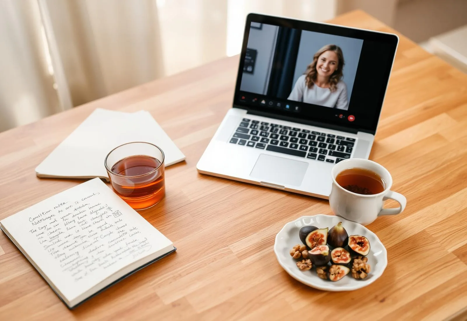 Un bureau de consultation chaleureux avec un ordinateur portable montrant un appel vidéo, un carnet ouvert avec des notes nutrition, une tisane et une petite assiette de figues et de noix