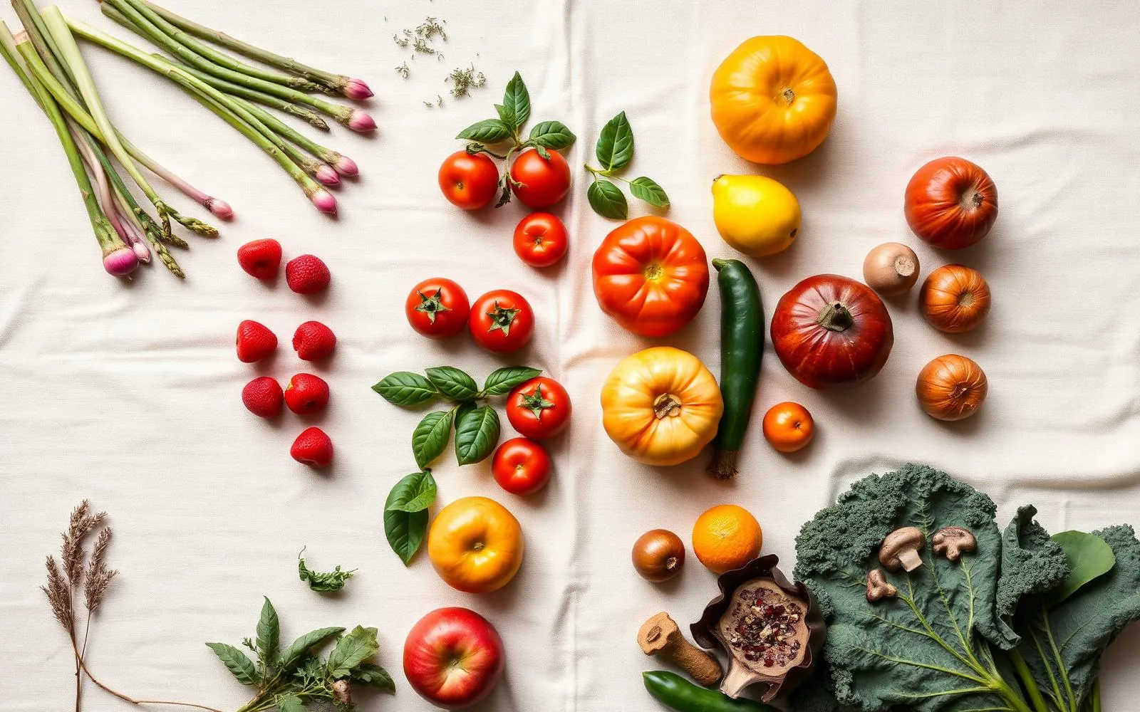 Une composition chaleureuse de fruits, légumes et herbes de saison sur une surface en lin