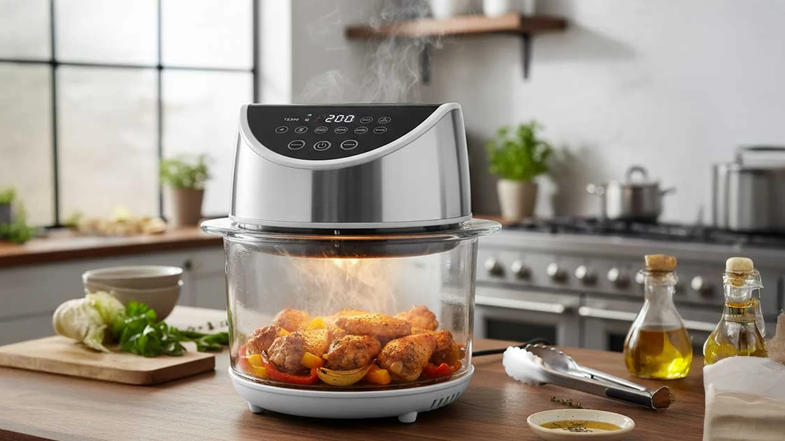 Air fryer avec des légumes et des pommes de terre légèrement dorés