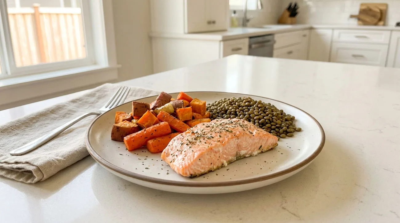 Assiette équilibrée avec saumon, lentilles et légumes rôtis