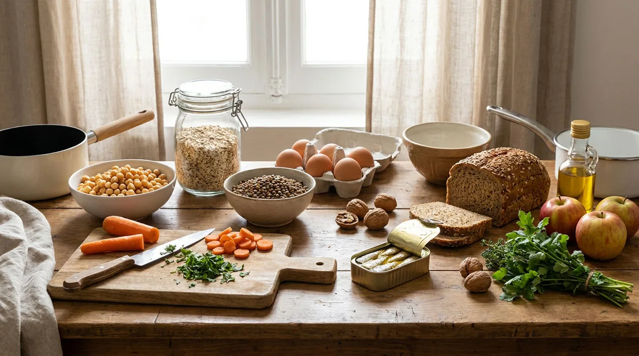 Aliments variés avec légumes, légumineuses, avoine, œufs, sardines, pain complet et noix
