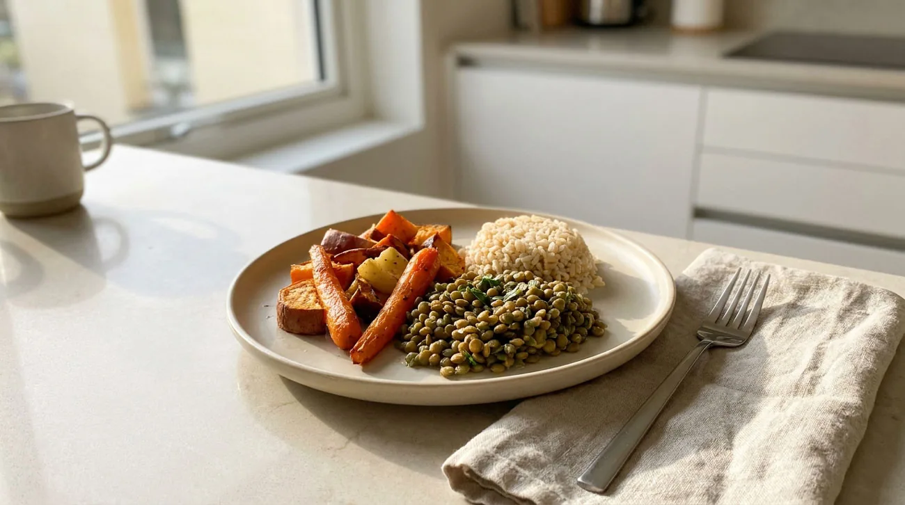 Assiette simple avec lentilles, riz complet et légumes rôtis