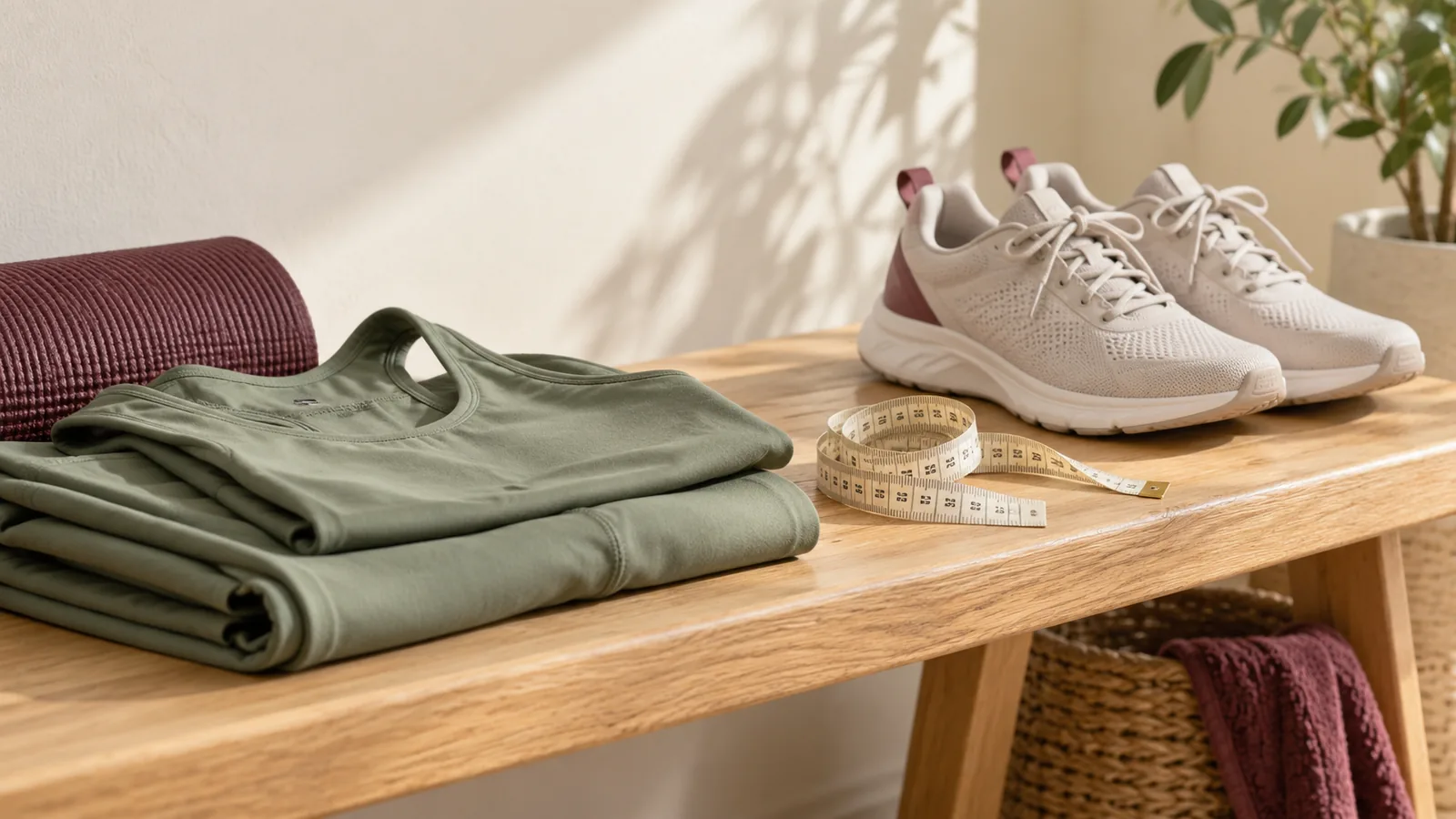 Mètre ruban souple, tenue de sport pliée et chaussures de marche sur un banc en bois