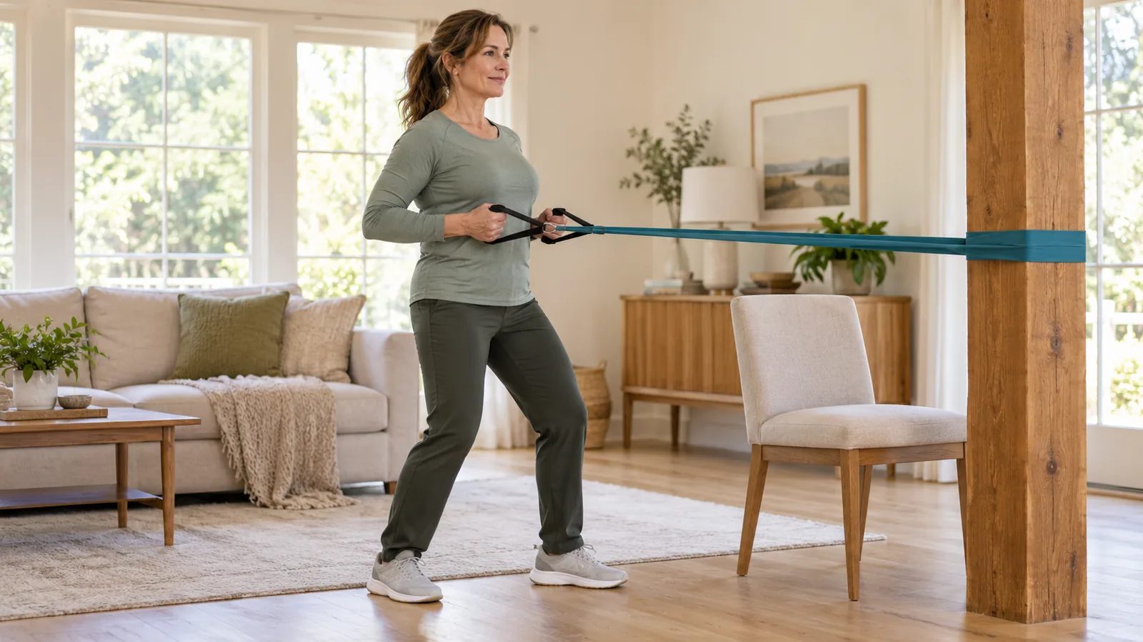 Femme réalisant un tirage debout avec une bande élastique, près d’une chaise à la maison
