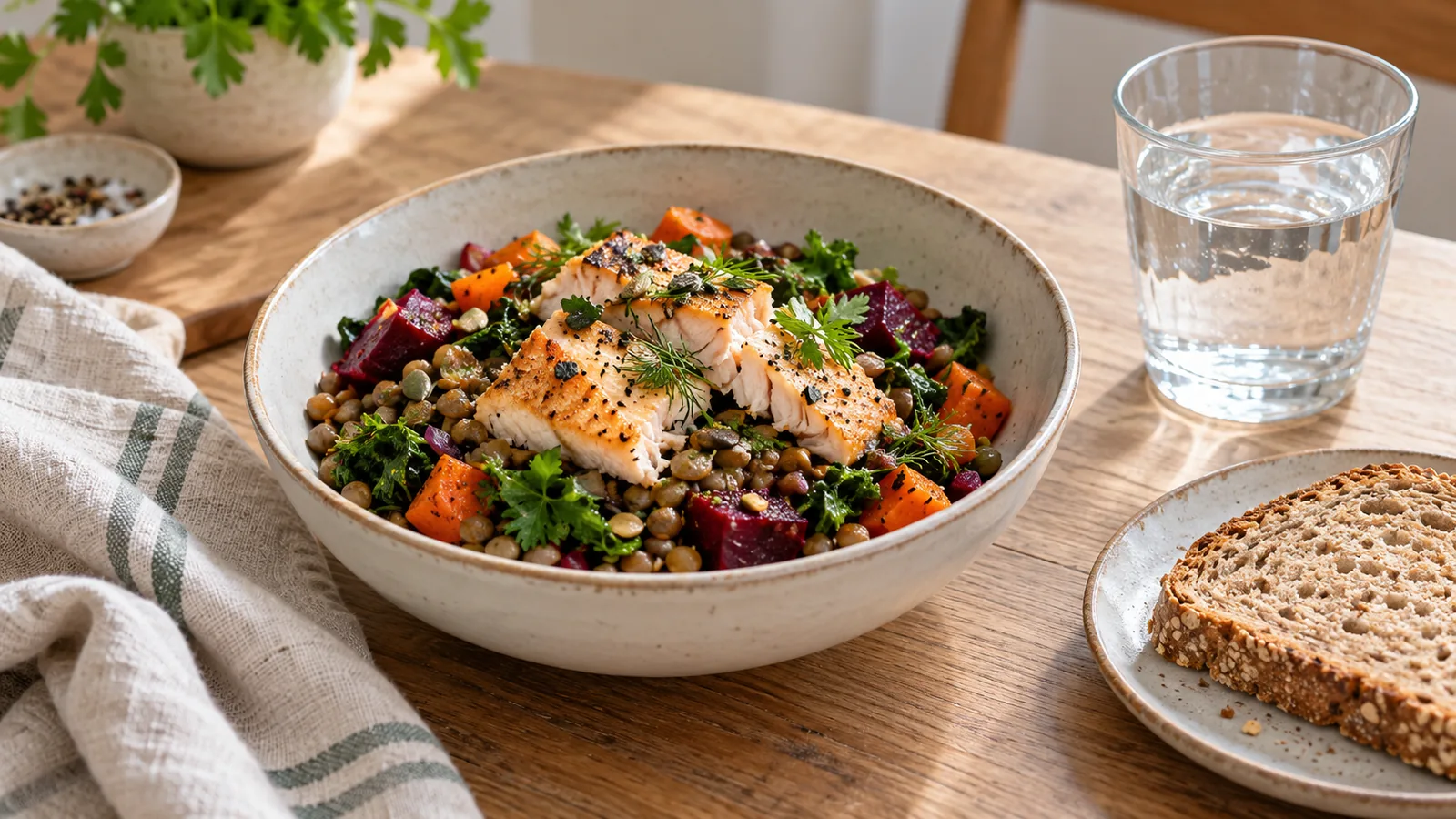 Bol de poisson, de lentilles et de légumes rôtis, accompagné de pain complet et d’un verre d’eau