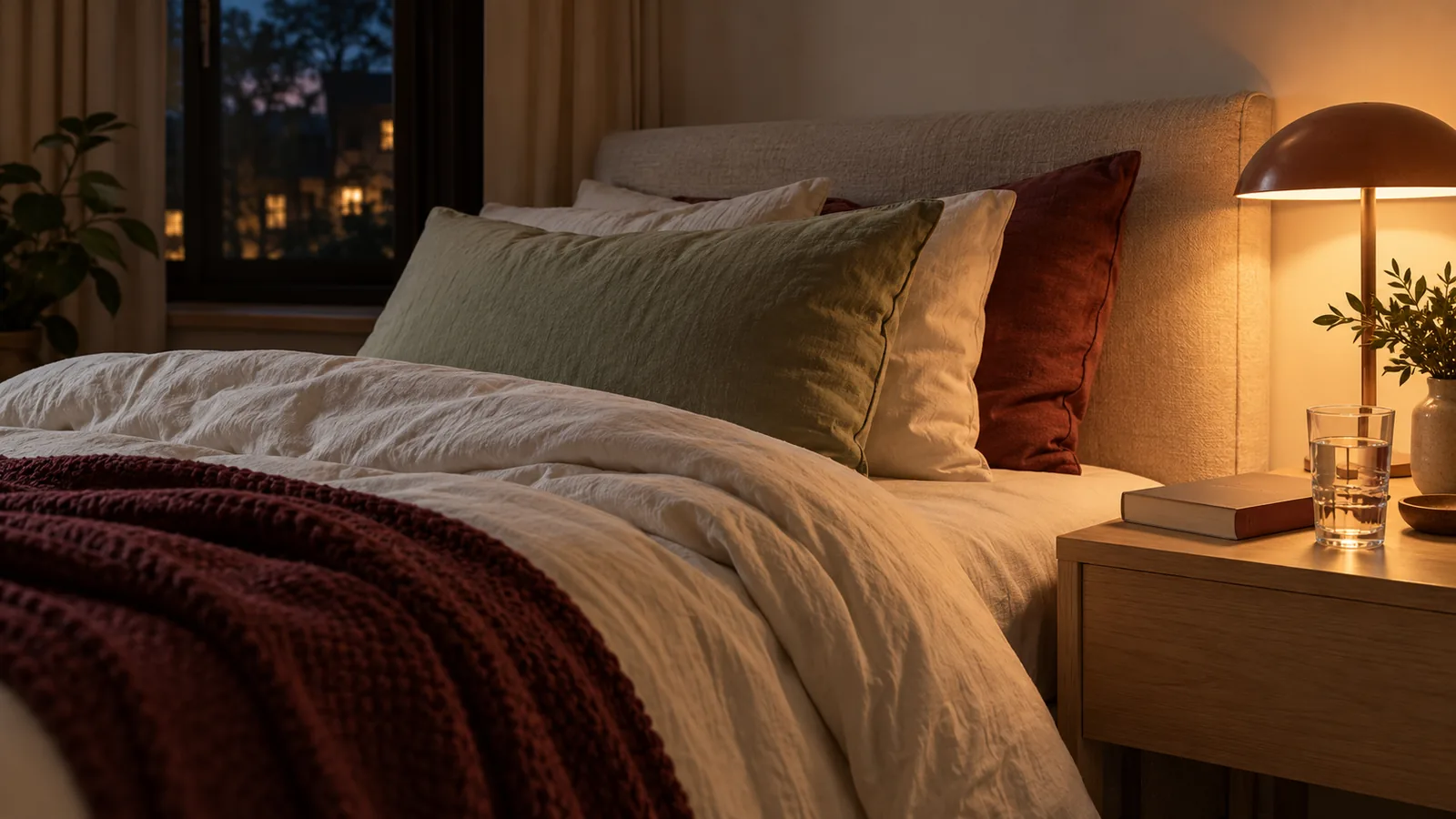 Chambre calme avec du linge de lit vert sauge et ivoire, une lampe allumée, un livre fermé et un verre d’eau