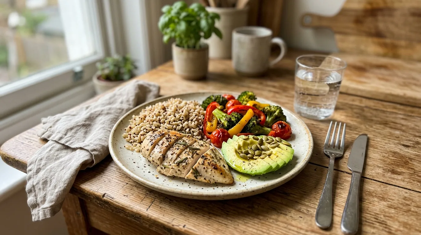 Un repas équilibré simple avec légumes rôtis, saumon, quinoa, huile d'olive et noix dans une assiette en céramique