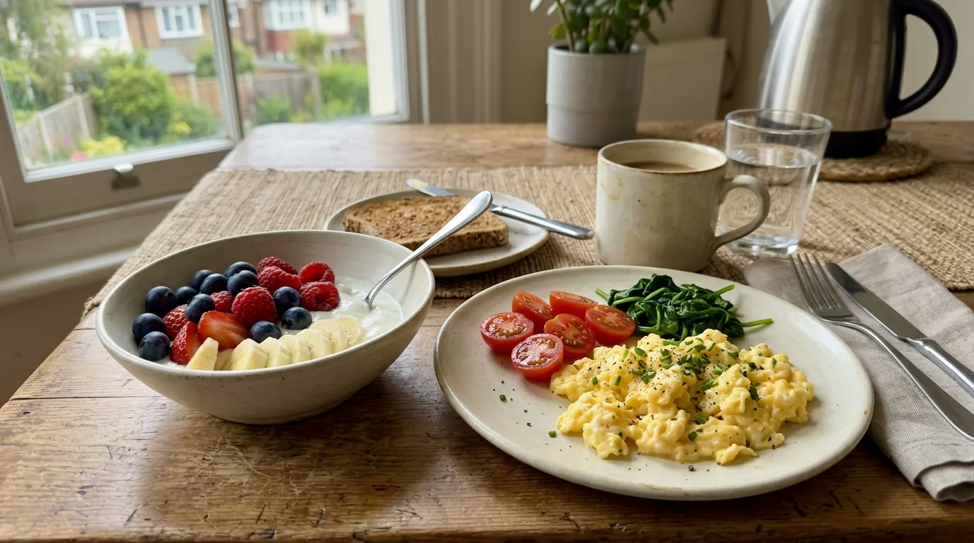 Un petit-déjeuner équilibré composé d'œufs, de yaourt et de fruits rouges frais sur une table en bois
