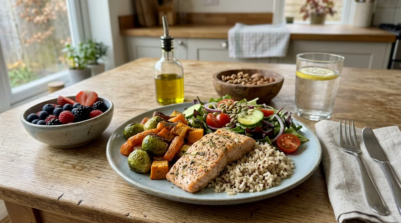Une assiette équilibrée avec légumes, céréales complètes, protéines, fruits et bonnes graisses sur une table de cuisine en bois