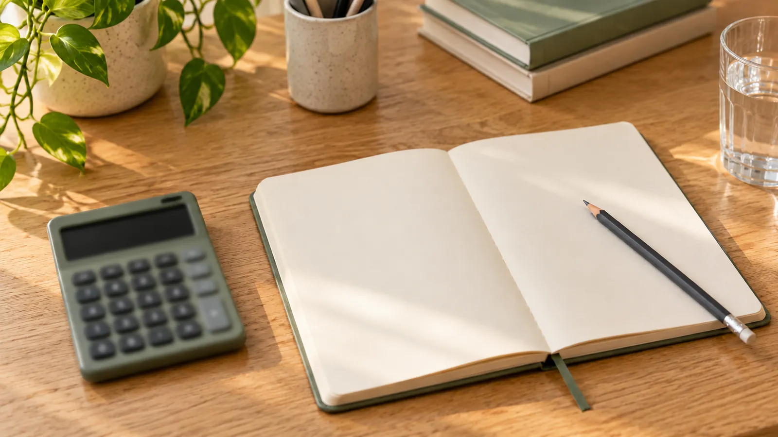 Carnet ouvert avec un crayon, une calculatrice vert sauge et un verre d’eau sur un bureau en bois