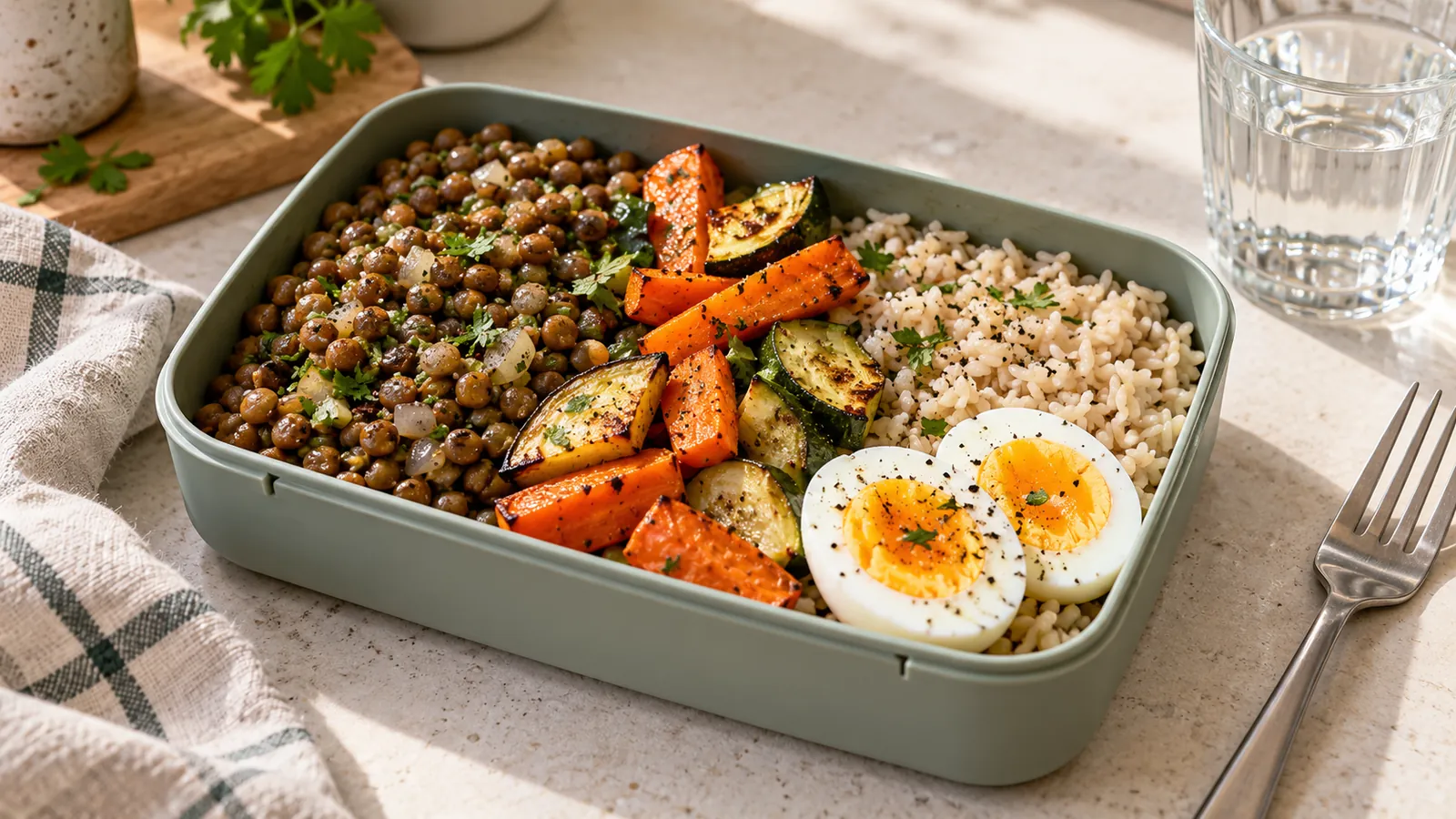 Boîte-repas avec lentilles, riz, carottes et courgettes rôties et œuf dur, à côté d’un verre d’eau