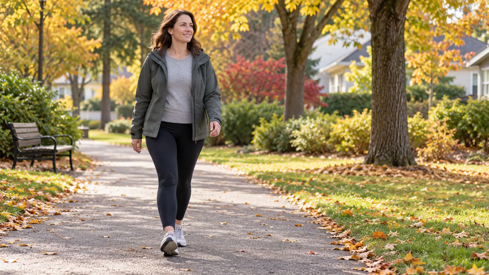 Femme en veste grise et baskets marchant sur une allée de quartier bordée d’arbres aux couleurs d’automne