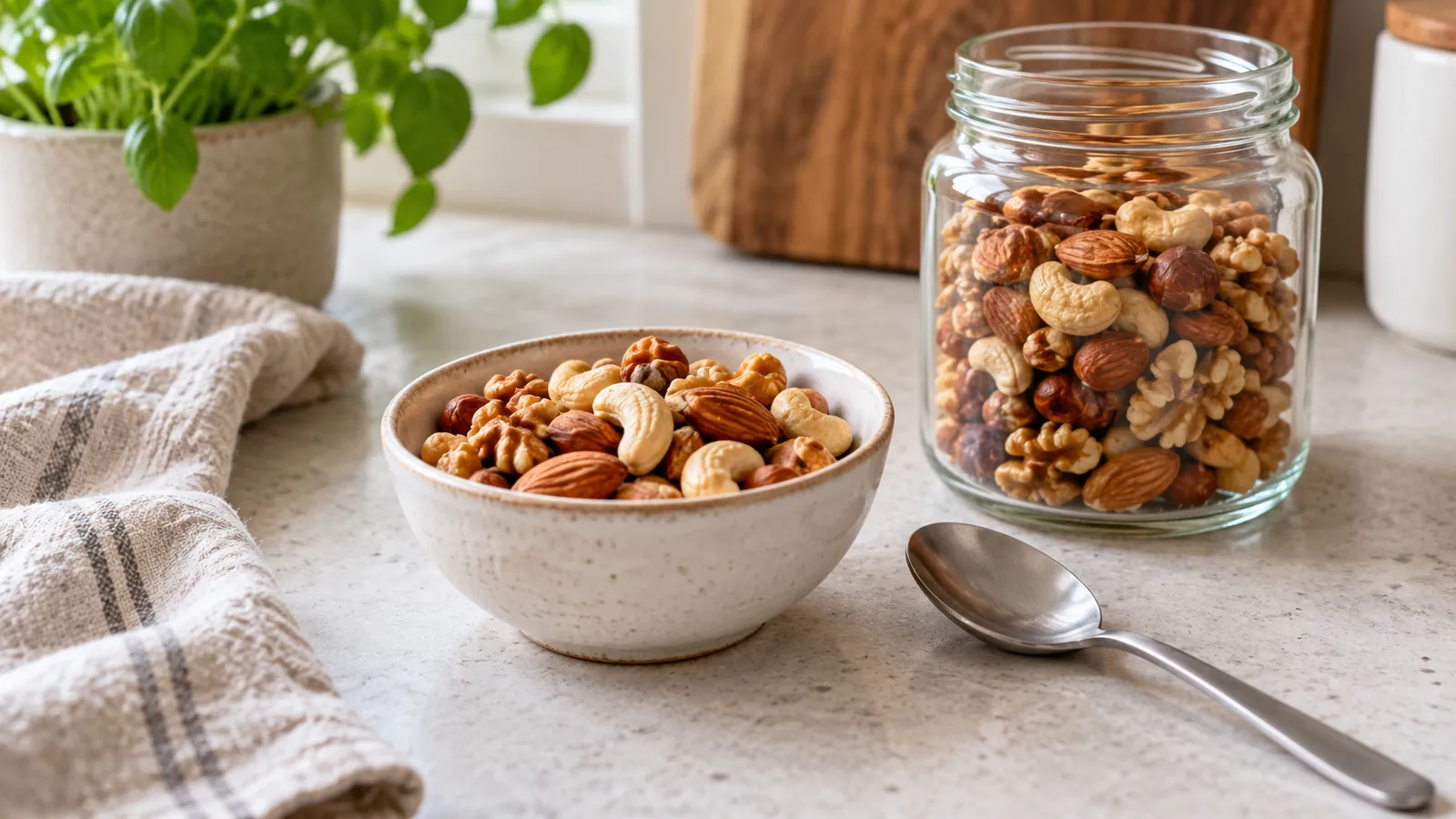 Petit bol de noix et d’amandes à côté d’un bocal ouvert et d’une cuillère à soupe sur un plan de travail
