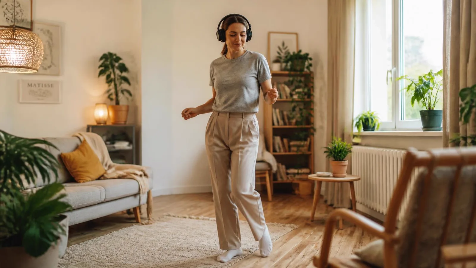 Marcher en musique à la maison Femme marchant en rythme avec un casque audio dans un salon lumineux