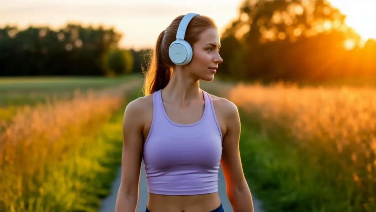 Femme pratiquant une marche rythmée en musique dans un salon lumineux