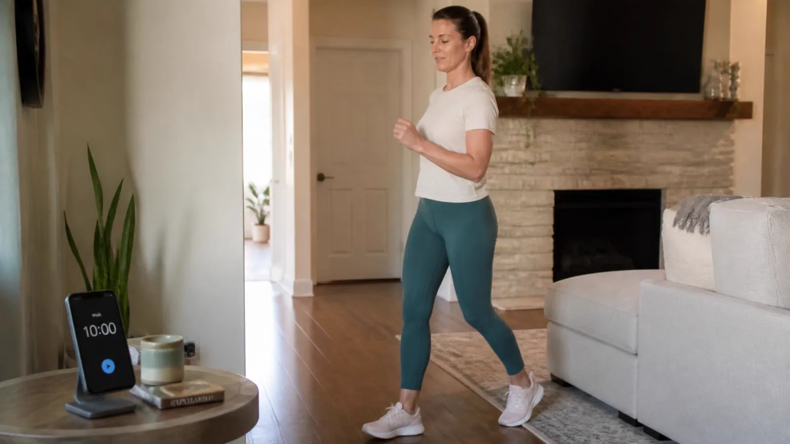 Routine de marche de 10 minutes à la maison Femme réalisant une routine de marche de 10 minutes chez elle, minuteur posé sur une table