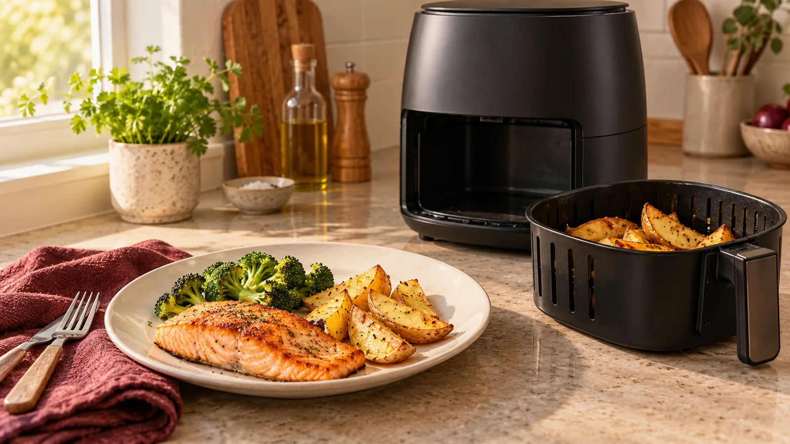 Assiette de saumon, brocoli et pommes de terre dorées à côté d’une friteuse à air chaud