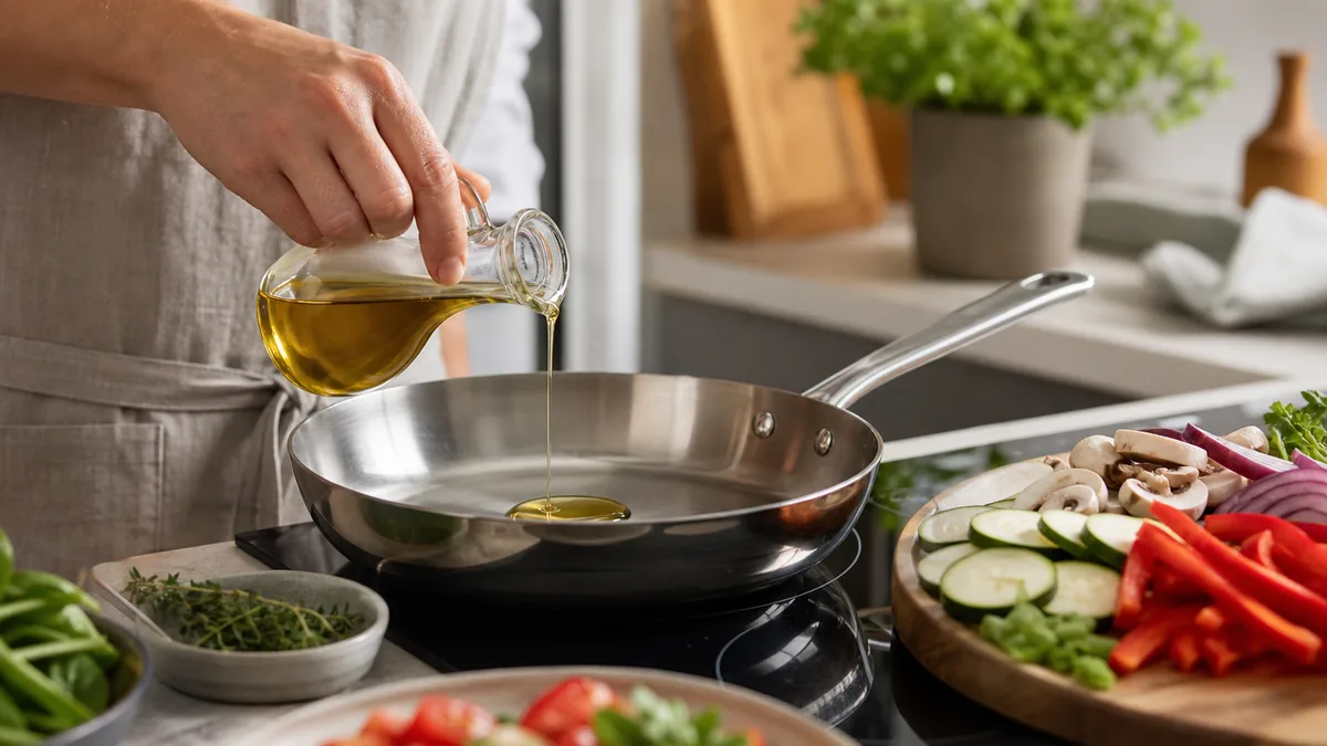 Huile ajoutée à une poêle à feu moyen pour une cuisson maîtrisée