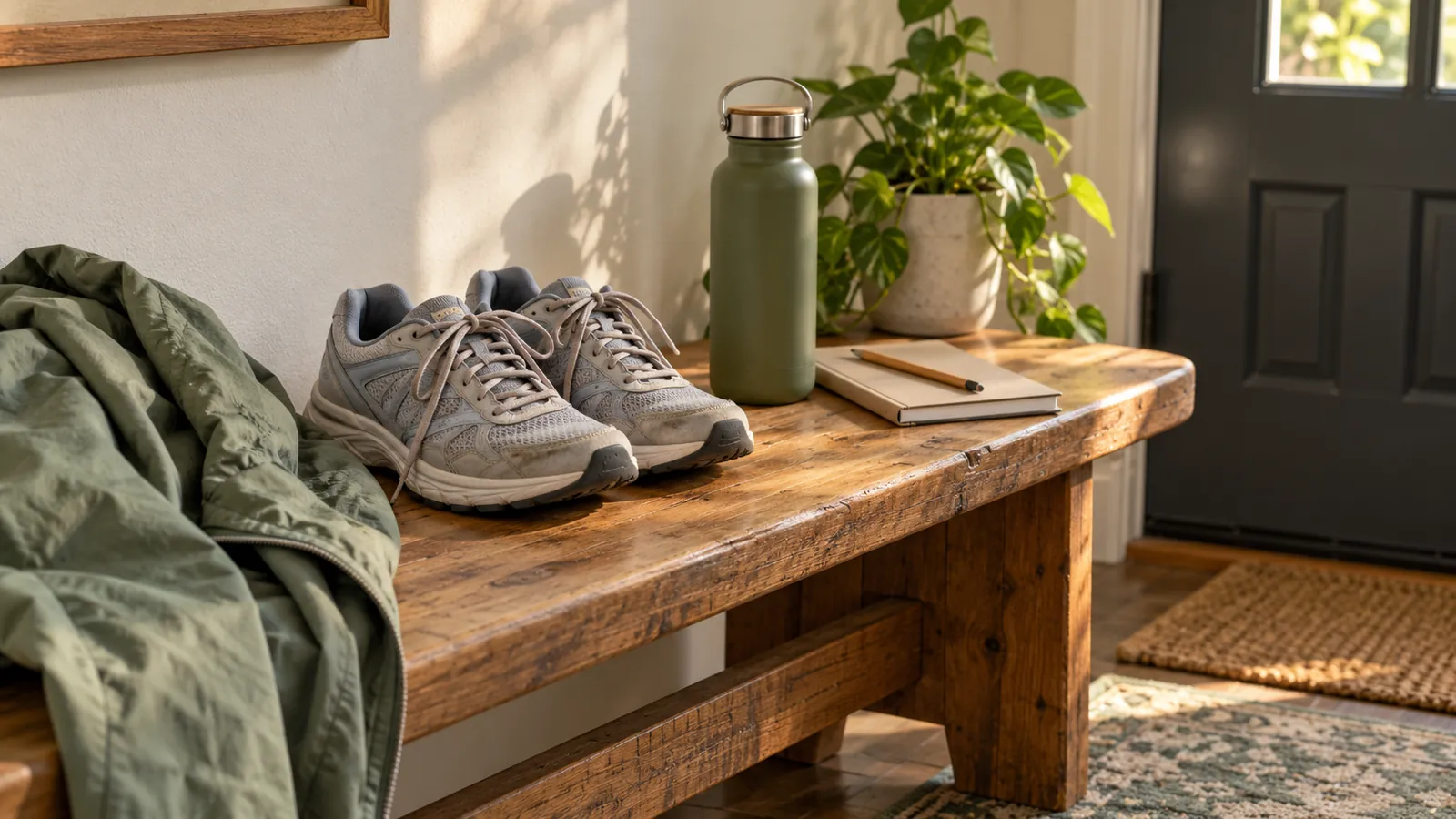 Chaussures de marche, gourde, carnet fermé et crayon prêts sur un banc en bois près de la porte d’entrée