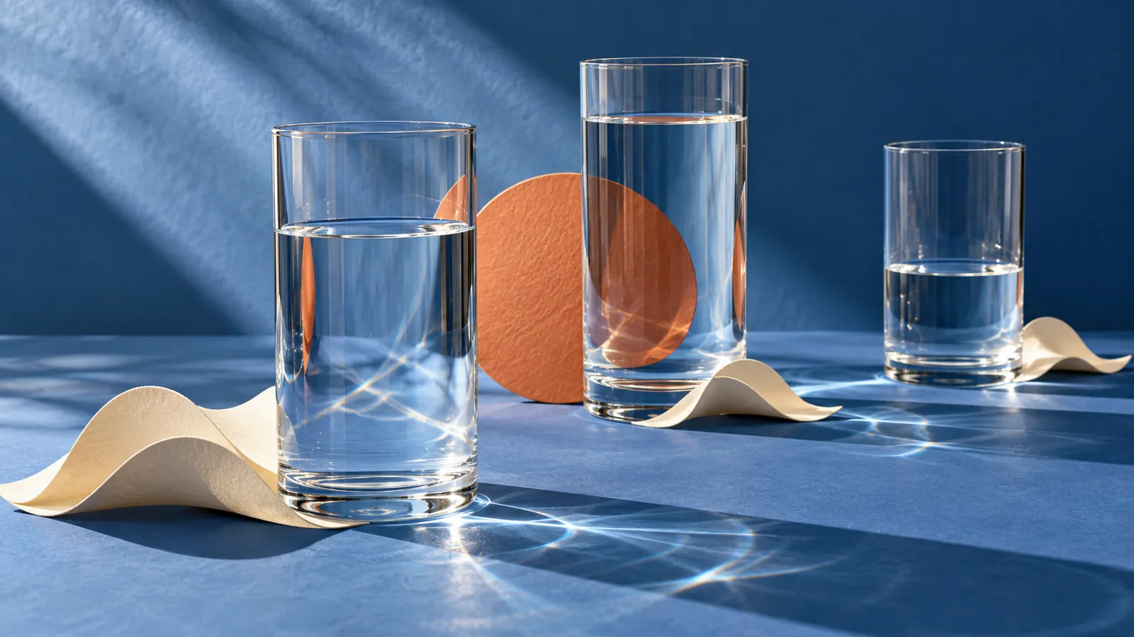 Trois verres transparents contenant différents niveaux d’eau, avec des vagues en papier ivoire sur un fond bleu
