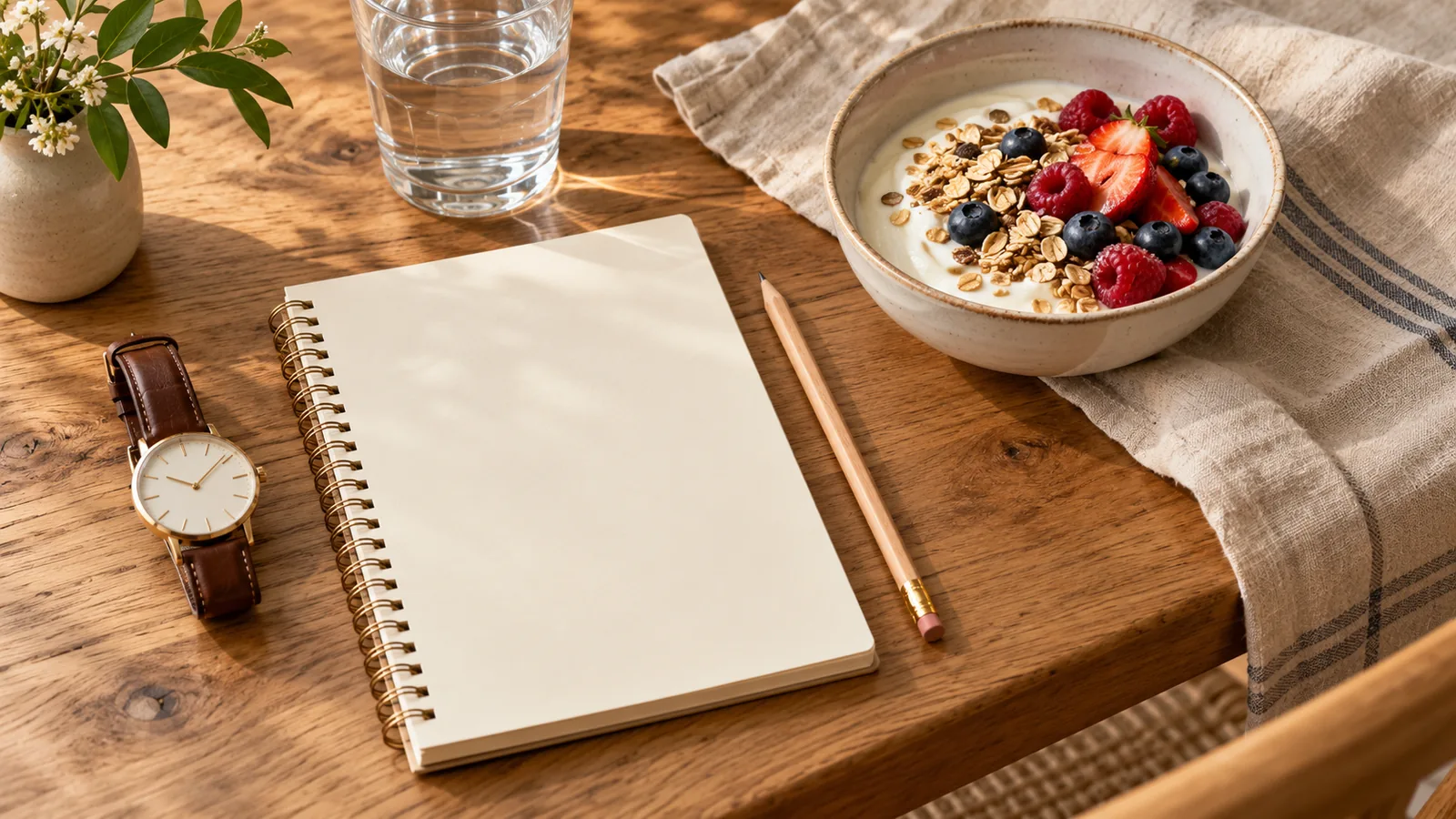 Carnet ouvert et crayon près d’un yaourt aux fruits rouges, d’un verre d’eau et d’une montre