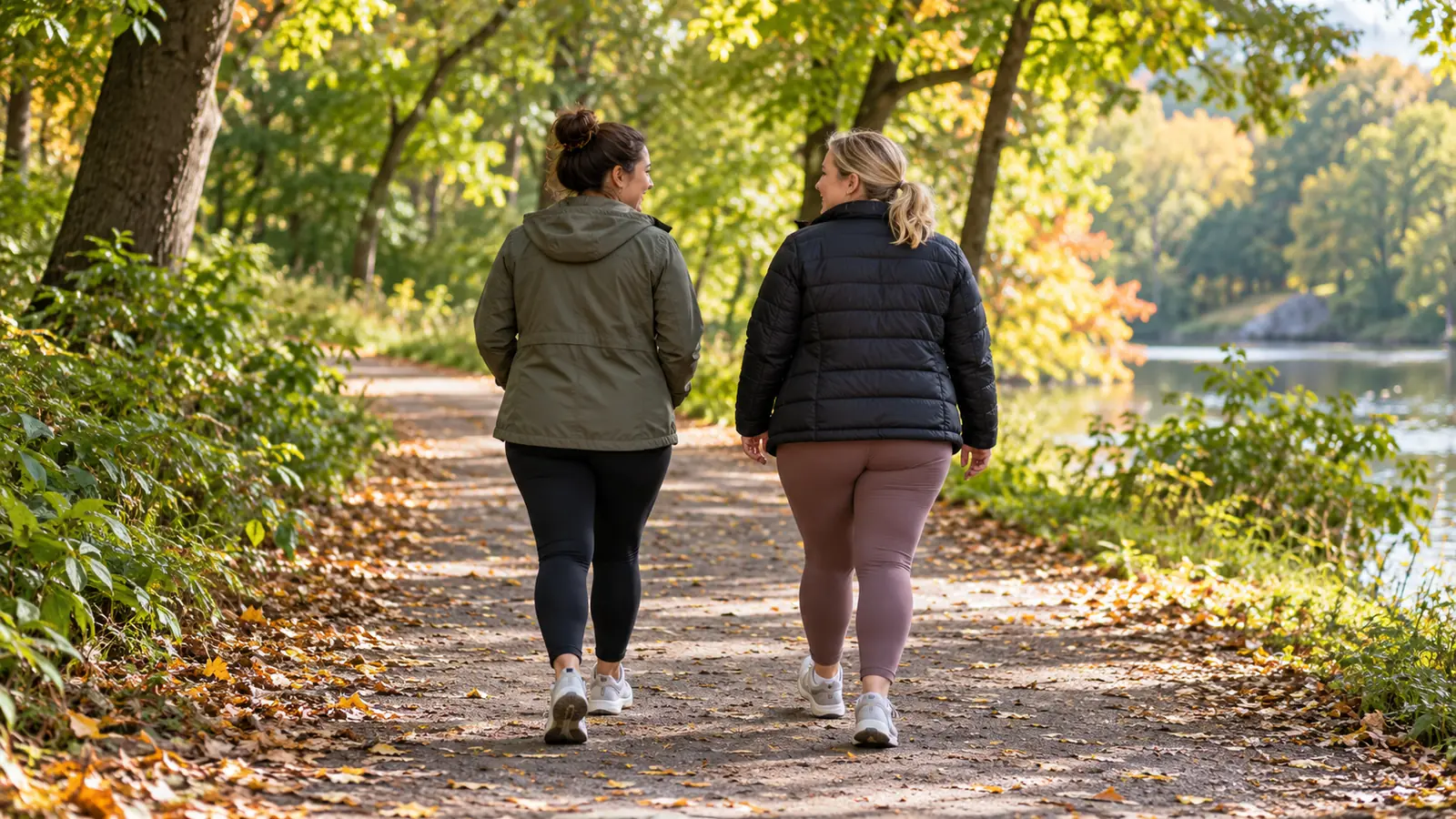 Deux adultes en veste marchant ensemble sur un chemin de parc bordé d’arbres