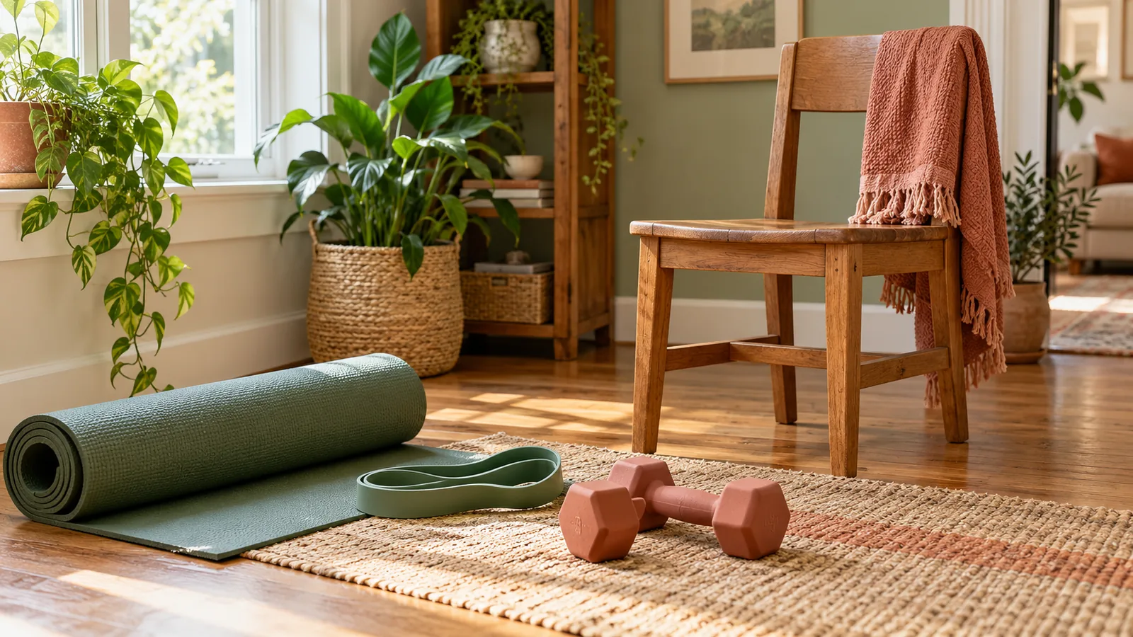 Petits haltères, bande élastique et tapis roulé près d’une chaise en bois à la maison