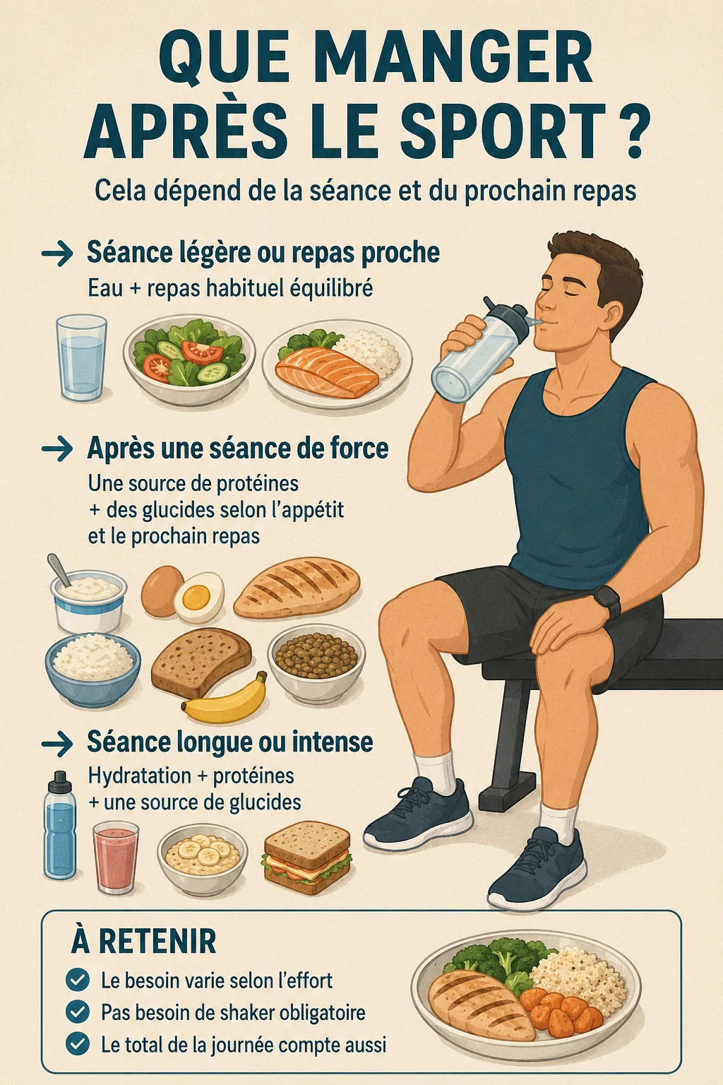 Infographie sur les aliments à choisir après le sport selon le type de séance
