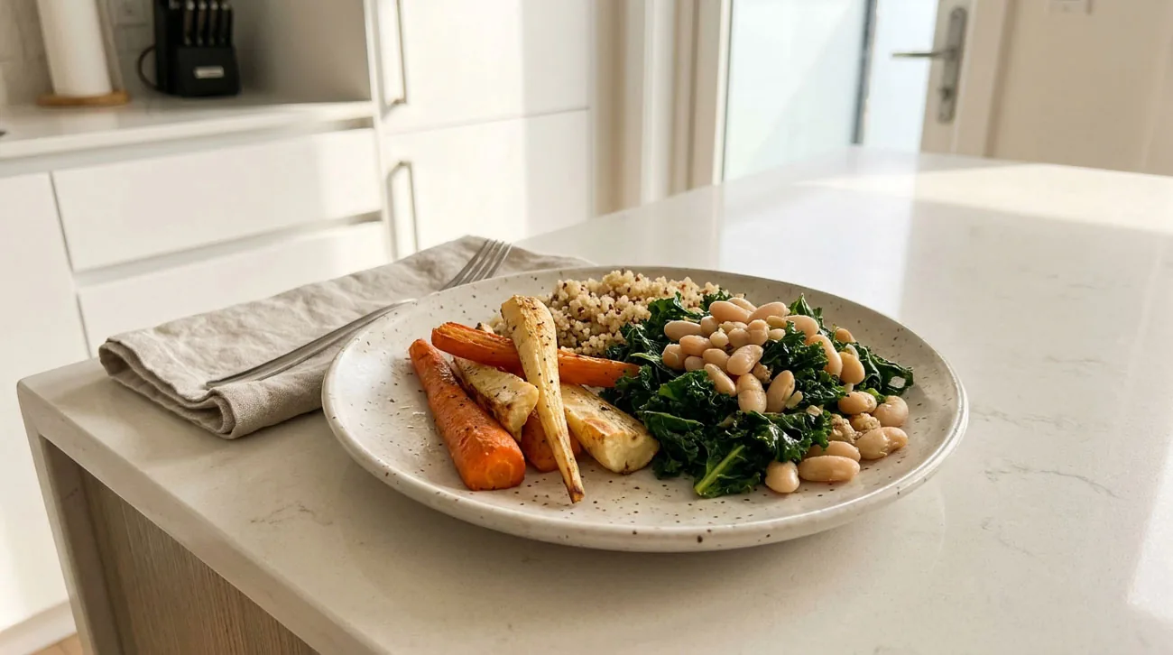 Repas végétarien avec haricots blancs, légumes verts, céréales et légumes rôtis