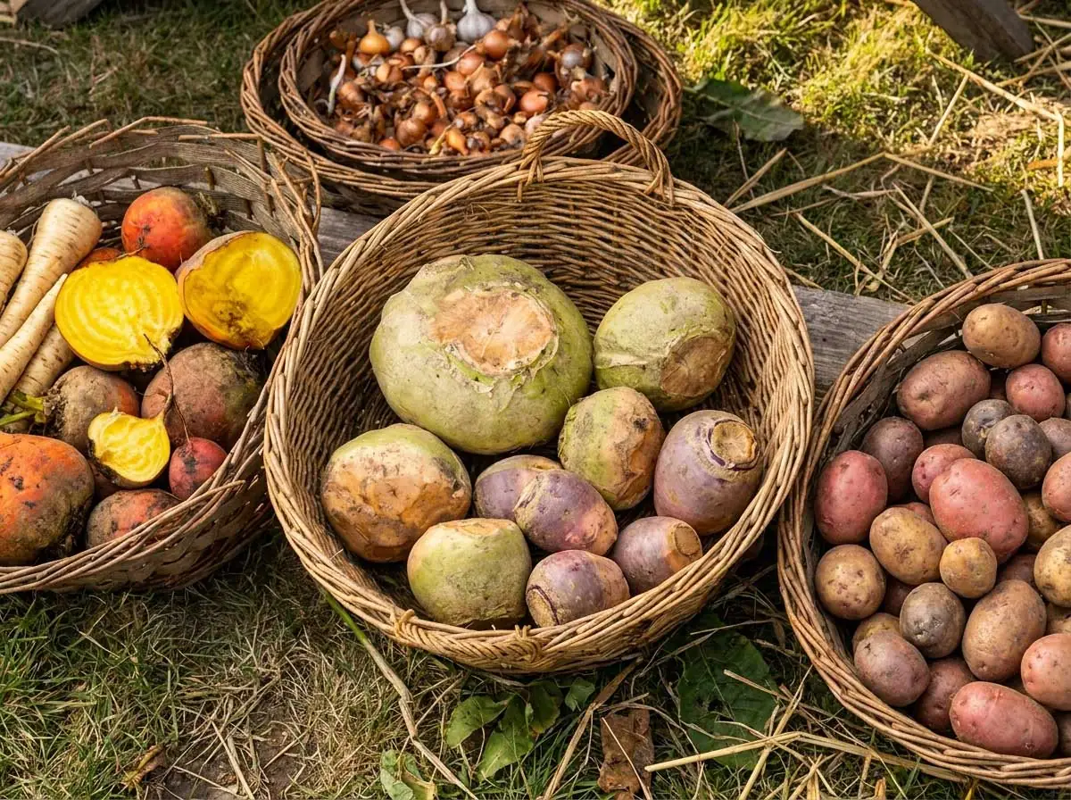 Rutabagas et autres légumes-racines présentés dans des paniers au marché