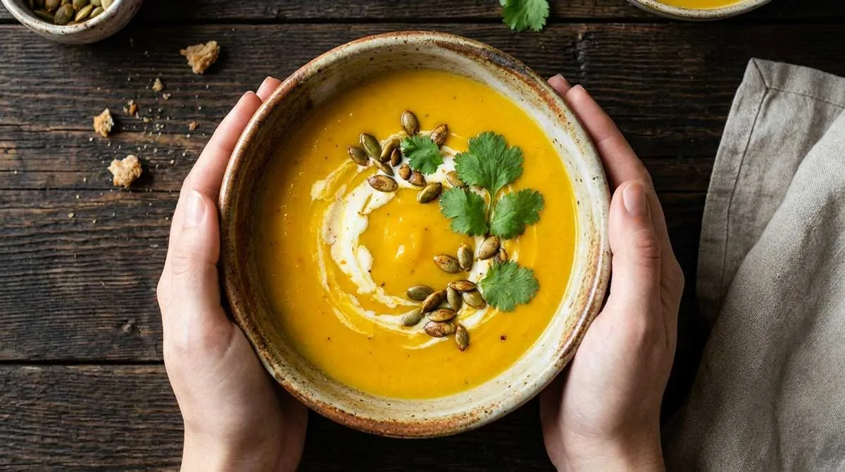 Bol de soupe jaune de légumes-racines garni d’herbes et de graines