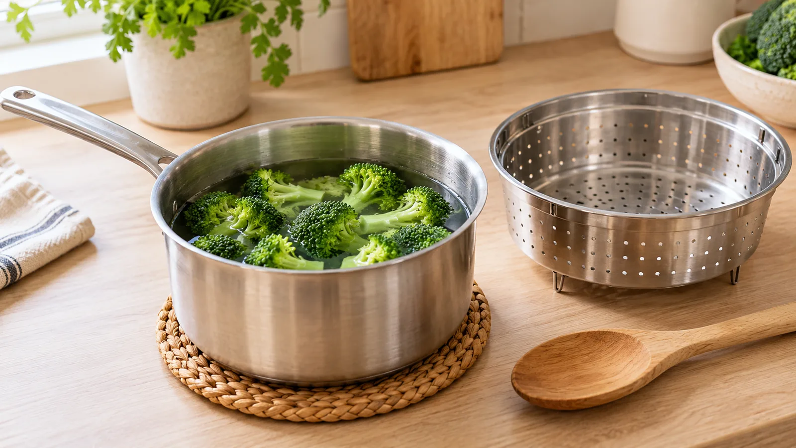Fleurettes de brocoli dans une casserole d’eau à côté d’un panier vapeur perforé