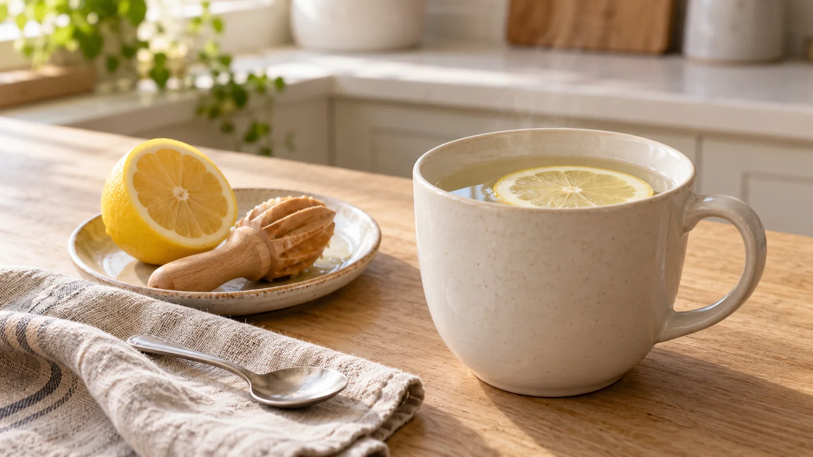 Tasse en céramique contenant de l’eau et une rondelle de citron, près d’un demi-citron et d’un presse-agrumes